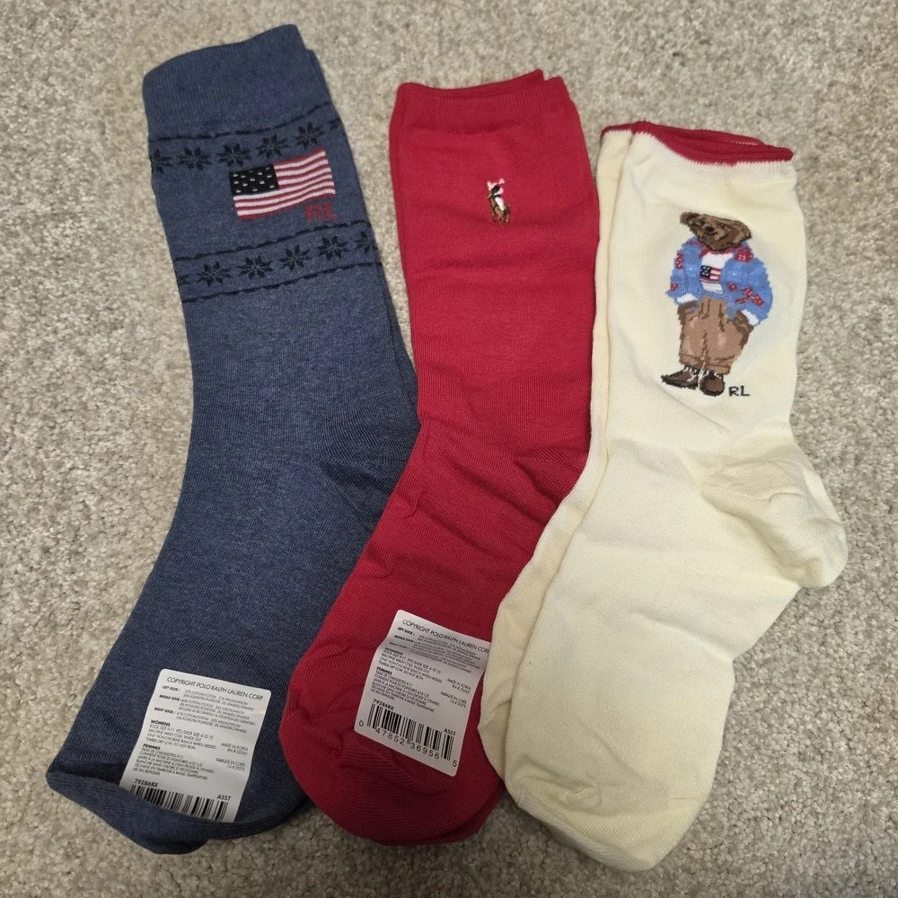 Polo Ralph Lauren Women's 3 Pair Sock‎ Gift Set Bear Flag Pony Crew Socks 9-11